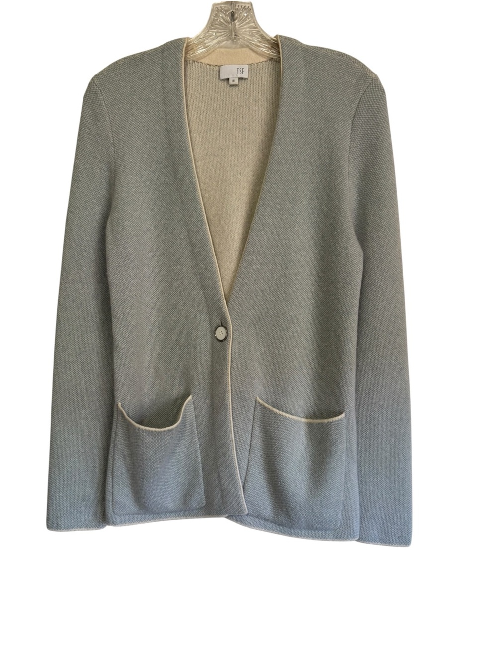 TSE 100% Cashmere Cardigan Sweater Textured Blue & White One Button Medium